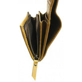 Tan leather purse side view with zip open showing compartments